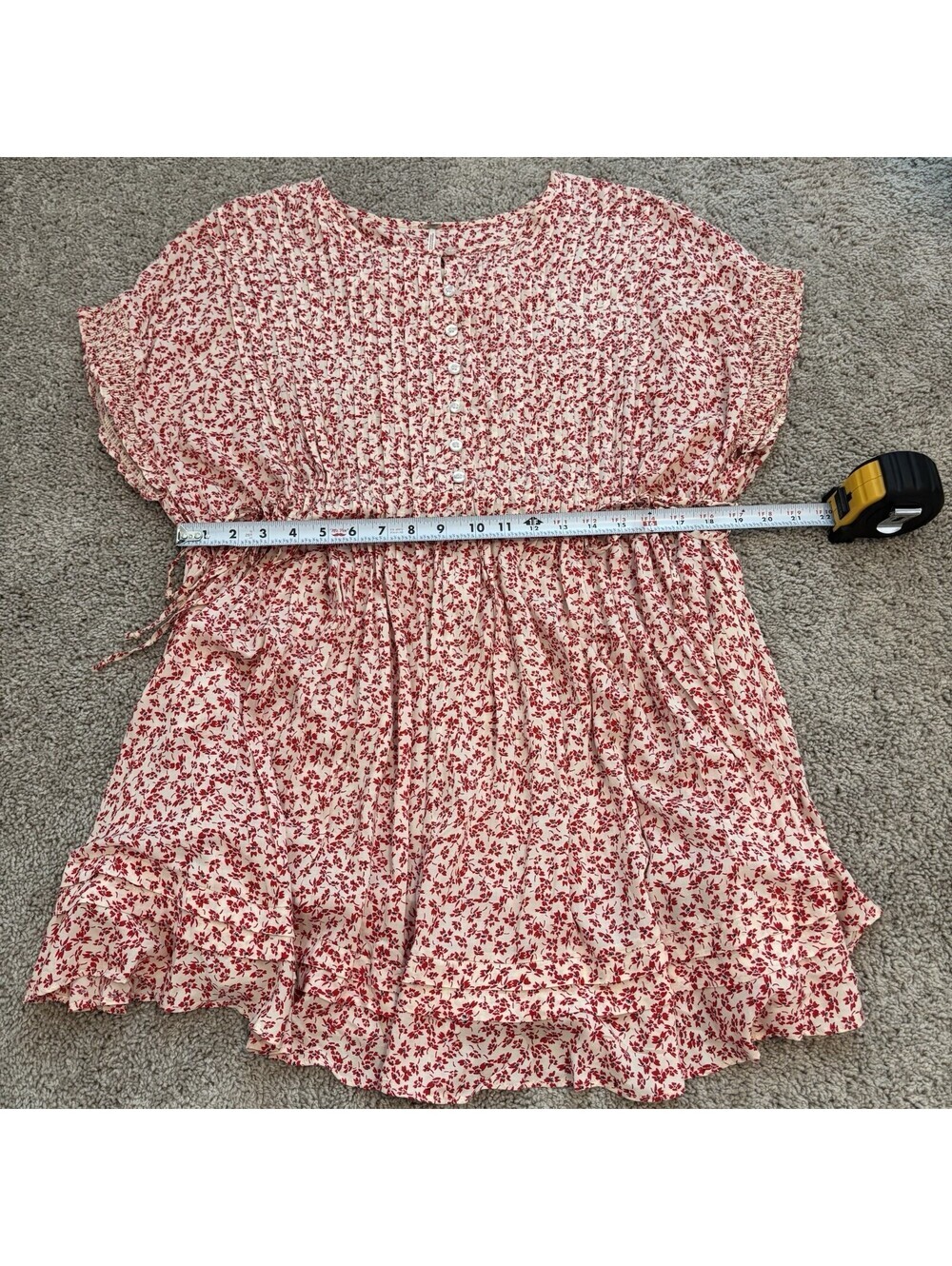 FREE PEOPLE Size S One Fine Day Oversized Mini Dress Cream Red Ditsy Floral - Picture 6 of 7